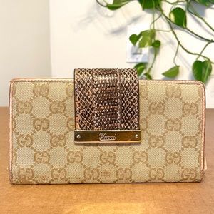 Gucci GG Canvas Long Monogram Clasp Wallet Alligator Skin Clip 100% Authentic